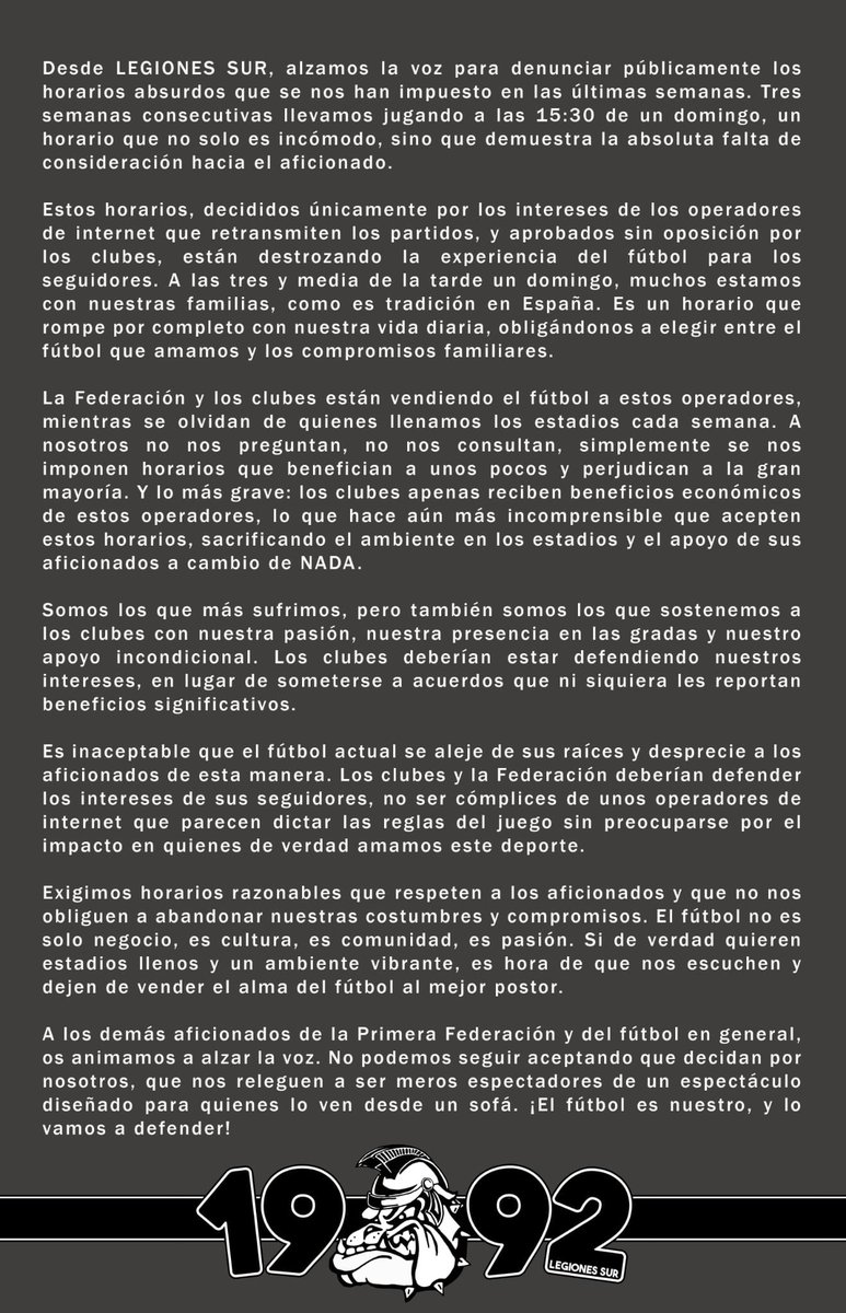 Ante la continuidad de horarios que repercuten a nuestra afición y cada una que lo sufre:
