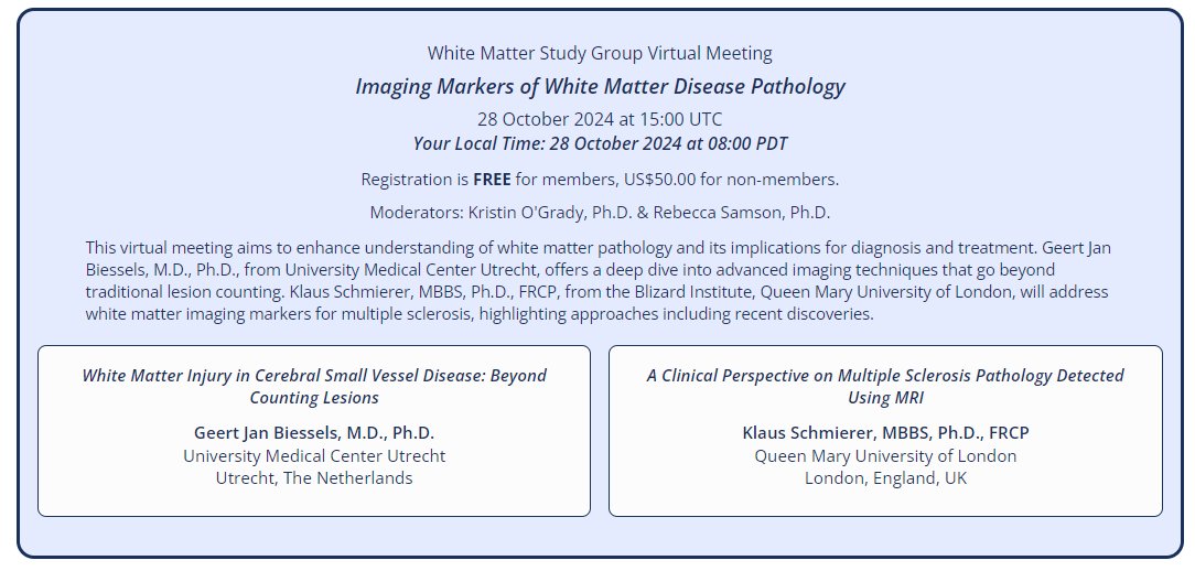 Join us on October 28th 15:00 UTC for the next <a href="/ISMRM/">ISMRM</a> WMSG virtual meeting: Imaging Markers of White Matter Disease Pathology. 

Registration &amp; more details about can be found here: ismrm.org/virtual-meetin….

Deadline for registration is on October 27th 19.00 UTC.