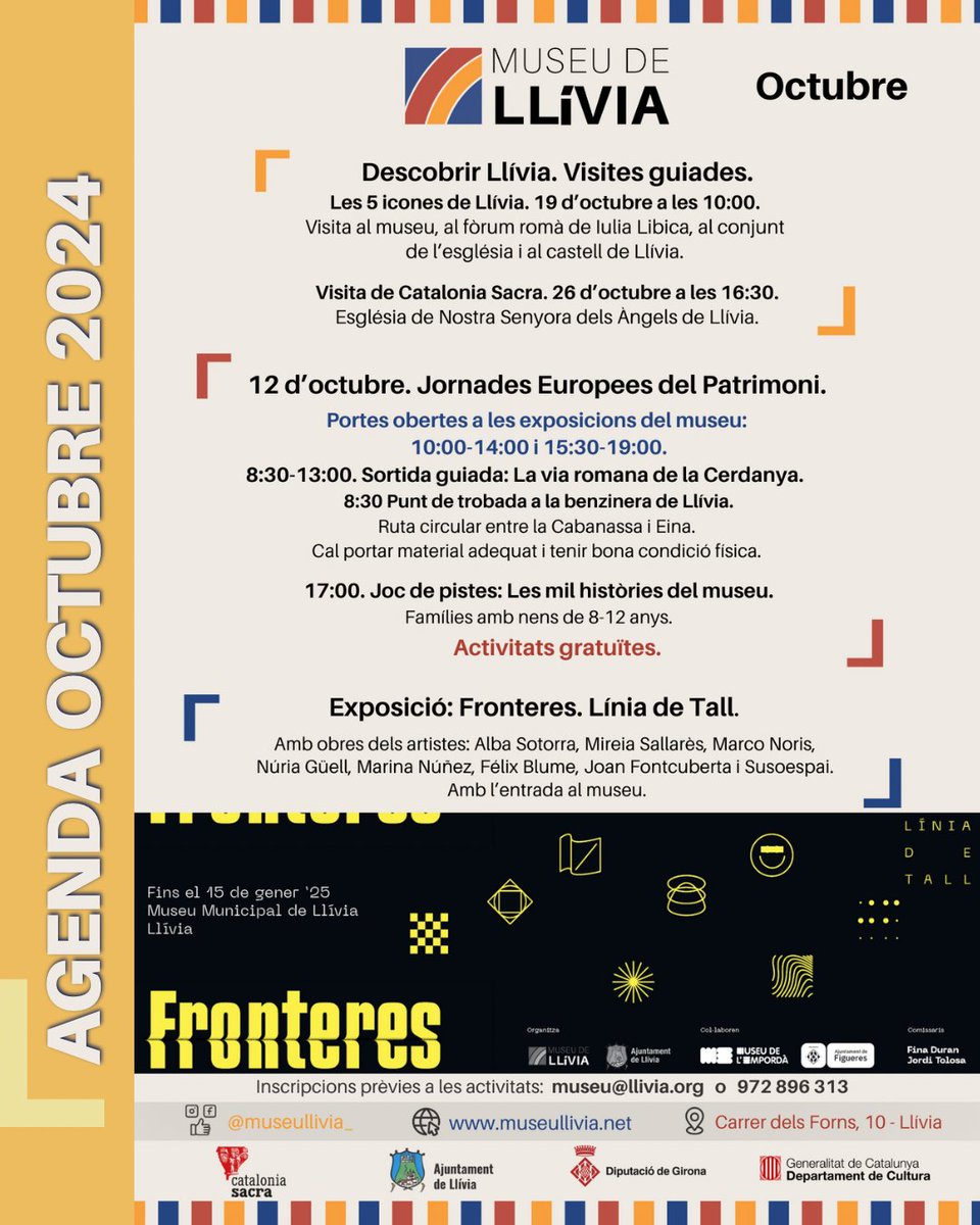 Uneix-te a nosaltres per un recorregut en el que passejaràs per les 5 icones de Llívia, 🏛️⛪🏰
📅 19 d’octubre
🕙 Hora: 10:00 h
📞 Informació i reserves: 972 896 313
🎟 Pujada al castell d’entre 20 i 30 minuts a peu. Durada: 3 hores.8€