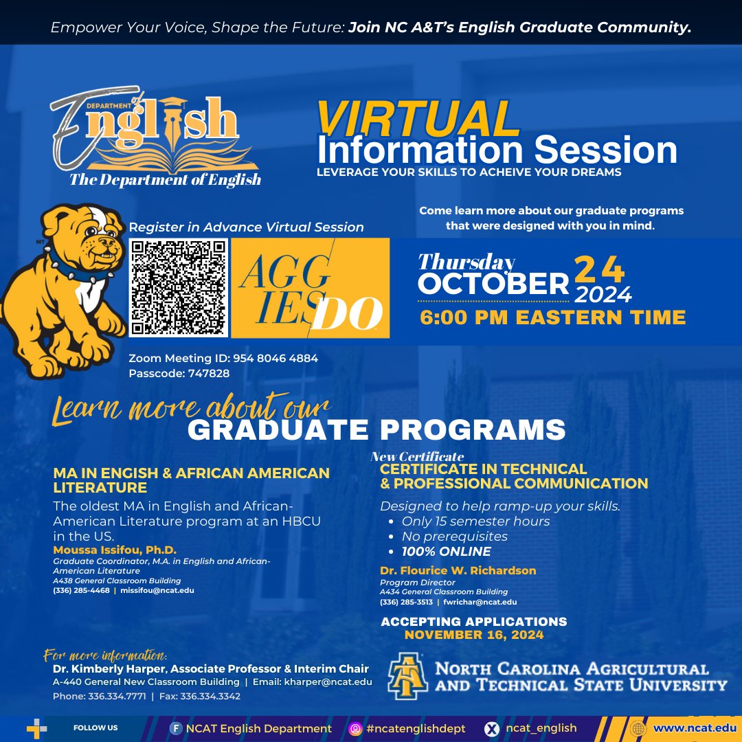 NCAT_English's tweet image. Leverage your skills to achieve your dreams! #graduatestudies @hbcumade #technicalcommunication #englishandafricanamericanlit #infosession @ClaflinUniv1869 @ECU_BSU @EastCarolina @ncatsuaggies @aggiehonors @
