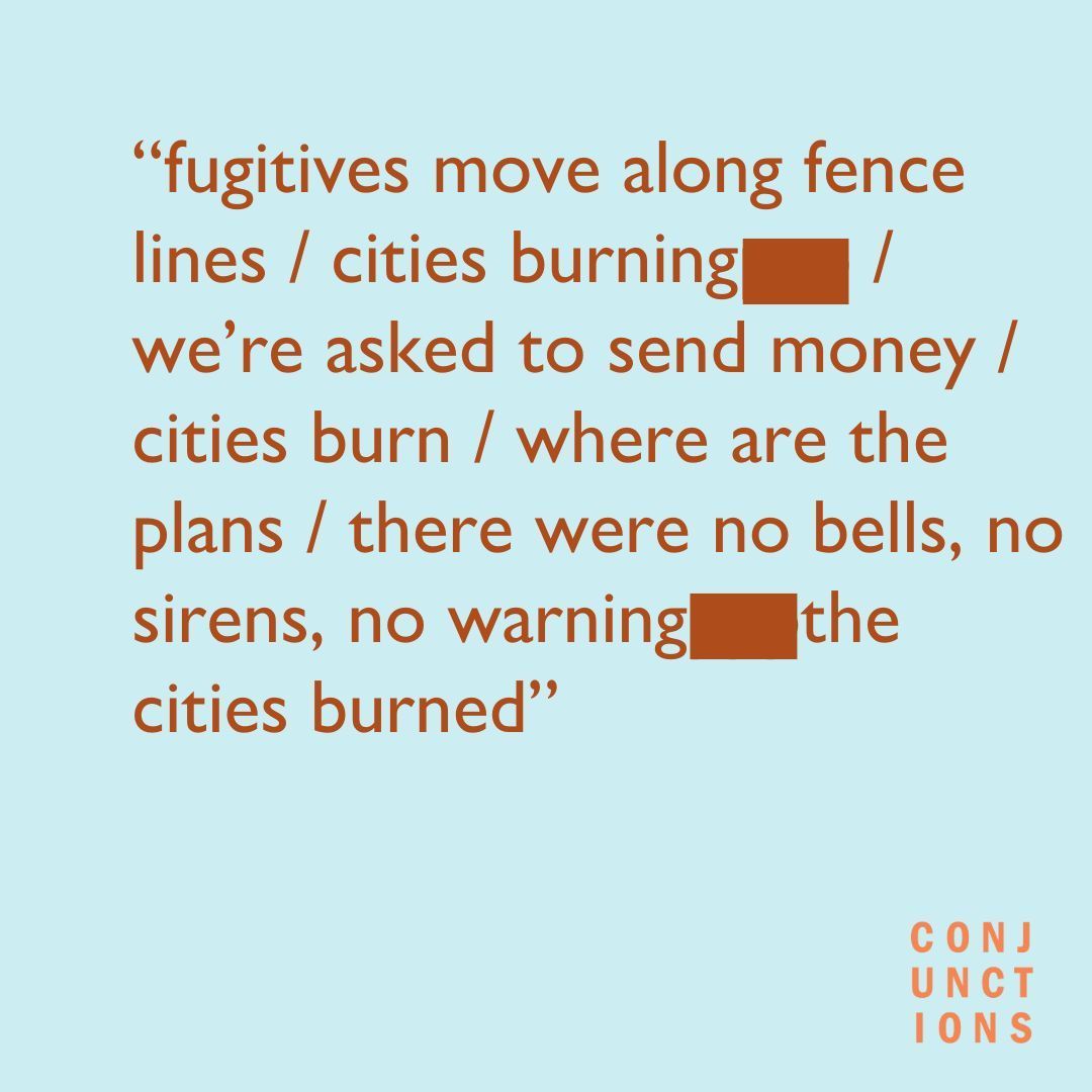 "fugitives move along fence lines
cities burning[    ]
we’re asked to send money
cities burn
where are the plans
there were no bells, no sirens, no warning[    ]the cities burned"
 
buff.ly/4eVmdce