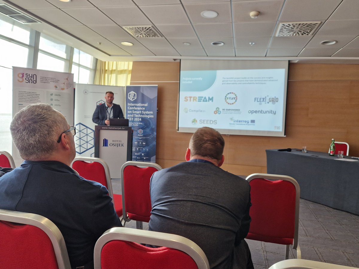 SynGRID_project's tweet image. 📸 Live at SST 2024 in Osijek! Our SynGRID session is happening now! 
Experts are sharing insights on low-voltage grid management, energy flexibility, and future collaboration. Stay tuned for more updates! 🌍⚡

#SST2024 #SynGRID