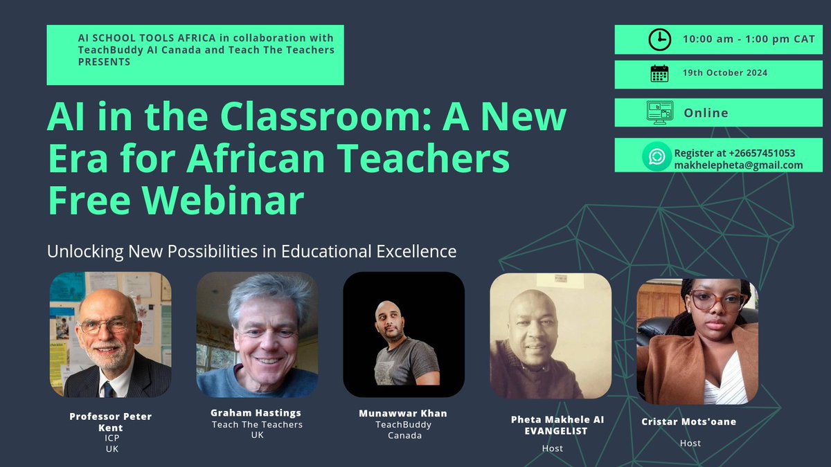 mrscumba's tweet image. Do you already use AI in your classroom to:
1. Generate lesson plans
2. Quizzes
3. Scheme of work
4. Timetables 
If not you should be attending this first of the kind webinar in Africa