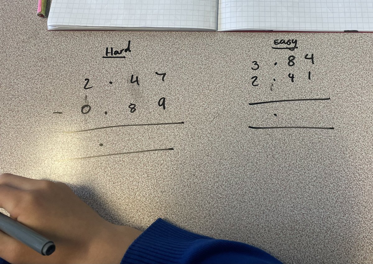 One hard(ish), one easy in a Y5/6 class-pupils working together creating (+explaining) their own gives useful AfL about their understanding of structure - in this case the subtraction algorithm using decimals from @ncetm Curriculum Prioritisation Year 5 unit on Decimal fractions