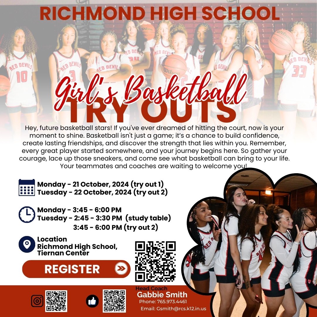 🚨 Lady Red Devils Basketball Tryouts! 🚨

📆 Monday, October 21 - Tiernan Center (Main Gym)

📆Tuesday, October 22nd - Study Tables McConnell Room/ Tiernan Center (Auxiliary Gym) 

⏰ Time: 3:45PM - 6:00PM 

Bring your game and your hustle! 🔴⚪️
