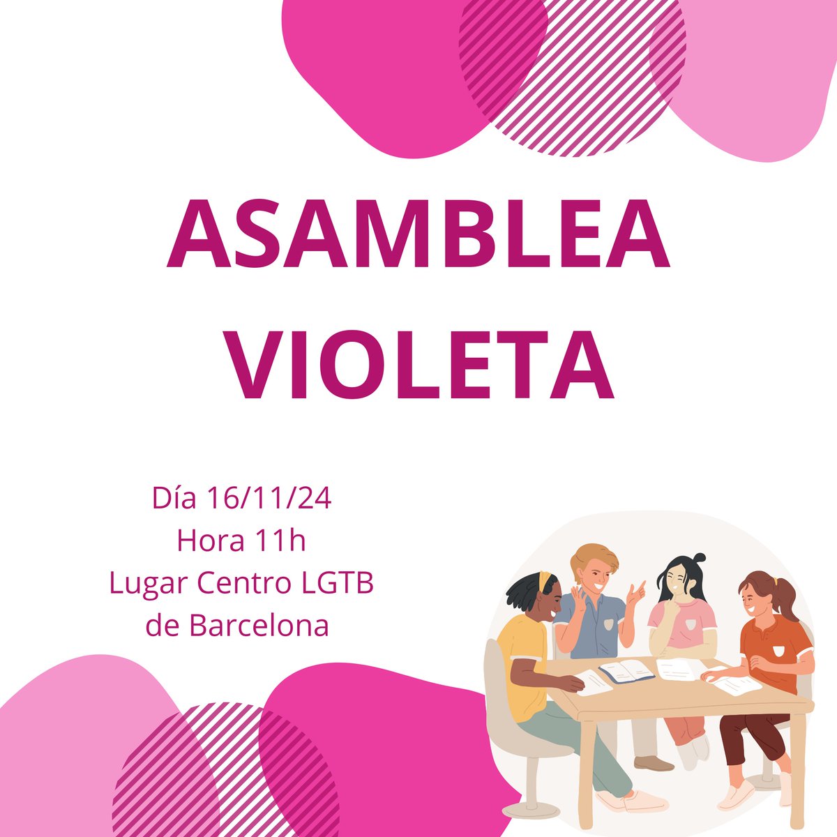 Hola buenas 

El próximo sábado 16/11/24 a las 11h en el centro LGTB de Barcelona tendremos nuestra asamblea de socios y voluntarios de la entidad. 

¡Os esperamos!