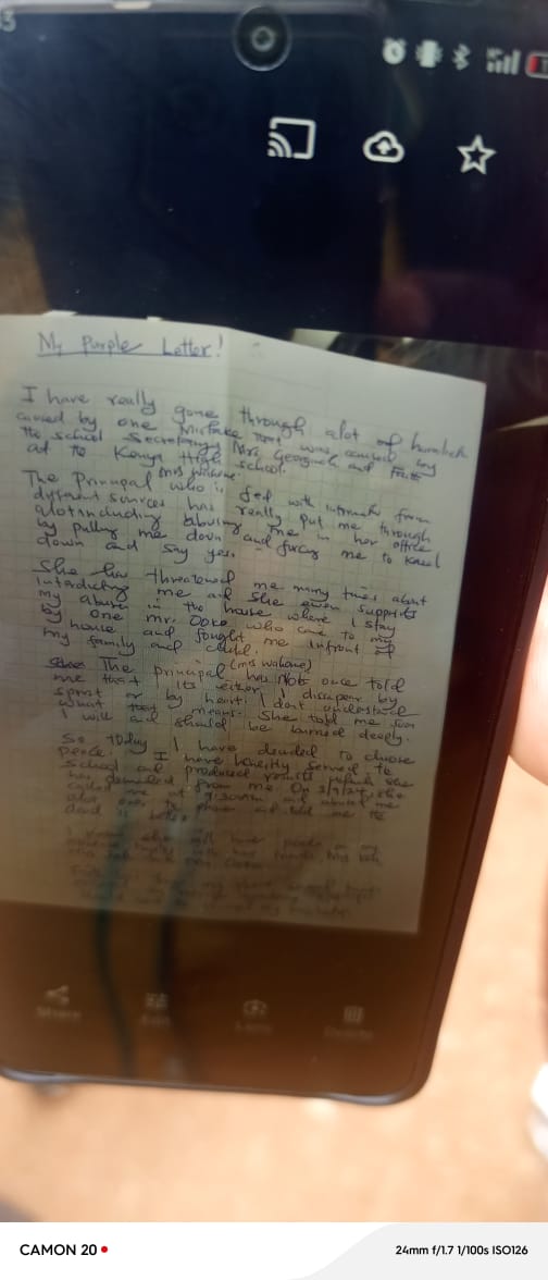 C_NyaKundiH's tweet photo. A suicide note allegedly left by Douglas Mogaka, the 32-year-old teacher from Kenya High School, has surfaced and is circulating in Facebook and WhatsApp groups, in which he reportedly accuses his boss of causing him severe embarrassment. 

Mogaka passed away earlier this month after being found hanging from a tank ladder within the school compound. 

Initial investigations indicated that he had apparently taken his own life using a belt, although the exact motive remained unclear at the time.