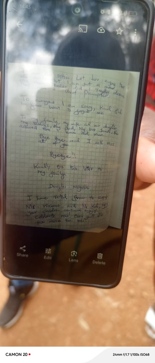 C_NyaKundiH's tweet photo. A suicide note allegedly left by Douglas Mogaka, the 32-year-old teacher from Kenya High School, has surfaced and is circulating in Facebook and WhatsApp groups, in which he reportedly accuses his boss of causing him severe embarrassment. 

Mogaka passed away earlier this month after being found hanging from a tank ladder within the school compound. 

Initial investigations indicated that he had apparently taken his own life using a belt, although the exact motive remained unclear at the time.