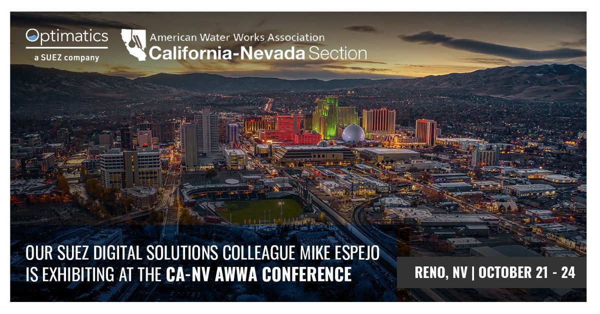 optimatics's tweet photo. Our @suez Digital Solutions colleague Mike Espejo is exhibiting at @CANVAWWA #Conference in Reno, NV from October 21 - 24! Visit Mike in booth 226.

View the conference program:
🔗 https://t.co/ypDZStoBtN

#Optimatics #AWWA #SUEZ #Water https://t.co/MeoRfF5IkA