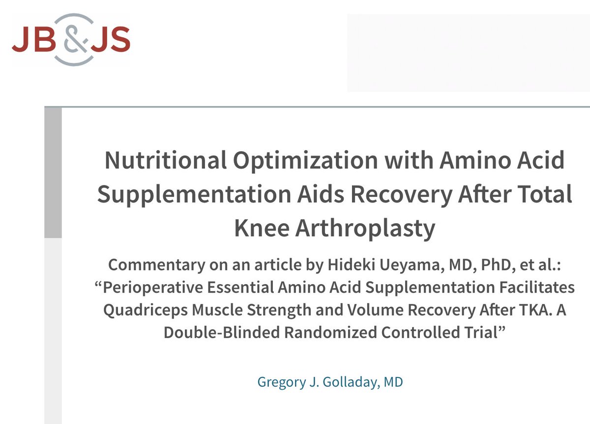 Prem N Ramkumar MD MBA (@prem_ramkumar) on Twitter photo New Research on Muscle Recovery After TKA!
This double-blinded randomized controlled trial highlights the positive effects of perioperative essential amino acid supplementation on quadriceps recovery. medilink.us/pct8 <a href="/jbjs/">J Bone & Joint Surg</a> #orthotwitter New Research on Muscle Recovery After TKA!
This double-blinded randomized controlled trial highlights the positive effects of perioperative essential amino acid supplementation on quadriceps recovery. medilink.us/pct8 <a href="/jbjs/">J Bone & Joint Surg</a> #orthotwitter
