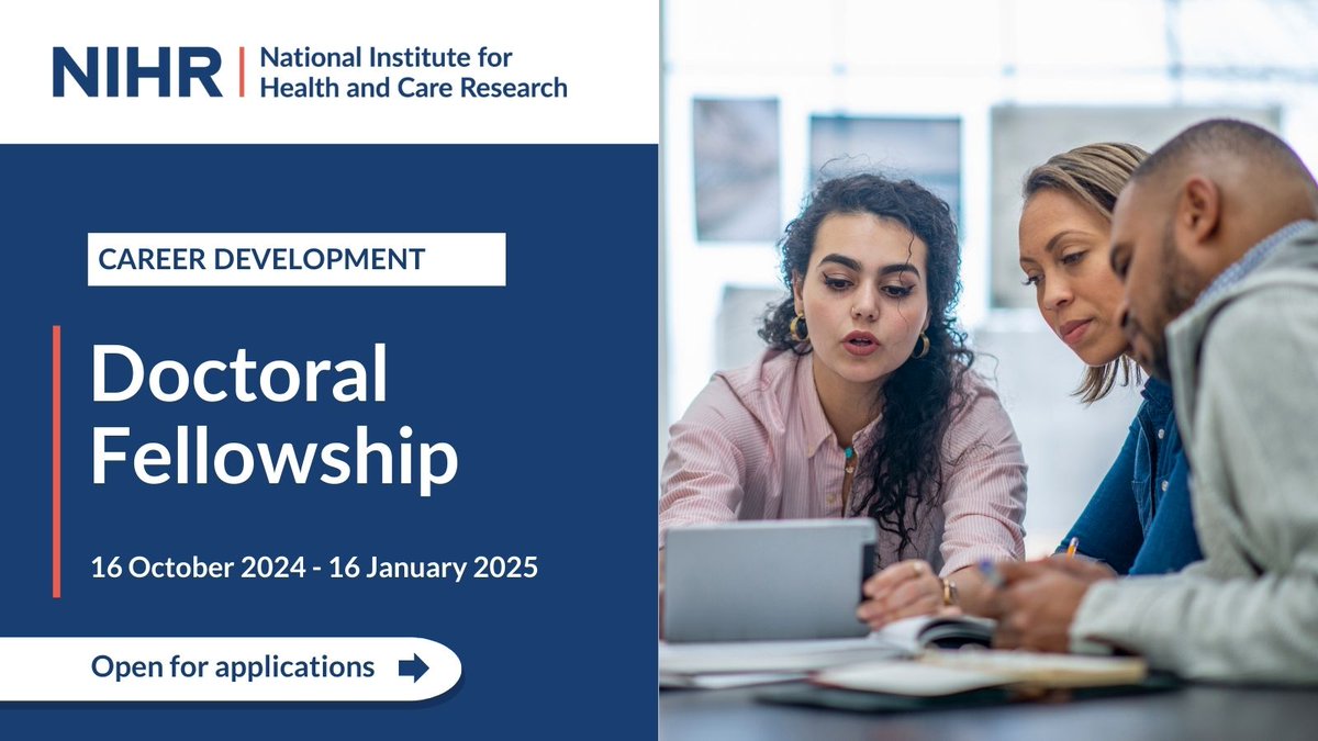 National Institute for Health and Care Research (@nihrresearch) on Twitter photo Applications for the NIHR Doctoral Fellowship are now open.
The NIHR Doctoral Fellowship is your chance to undertake a fully funded PhD in health, public health, or social care. This year, we’re thrilled to offer joint Fellowships through partnerships with @eyecharity <a href="/mndassoc/">MND Association</a> Applications for the NIHR Doctoral Fellowship are now open.
The NIHR Doctoral Fellowship is your chance to undertake a fully funded PhD in health, public health, or social care. This year, we’re thrilled to offer joint Fellowships through partnerships with @eyecharity <a href="/mndassoc/">MND Association</a>