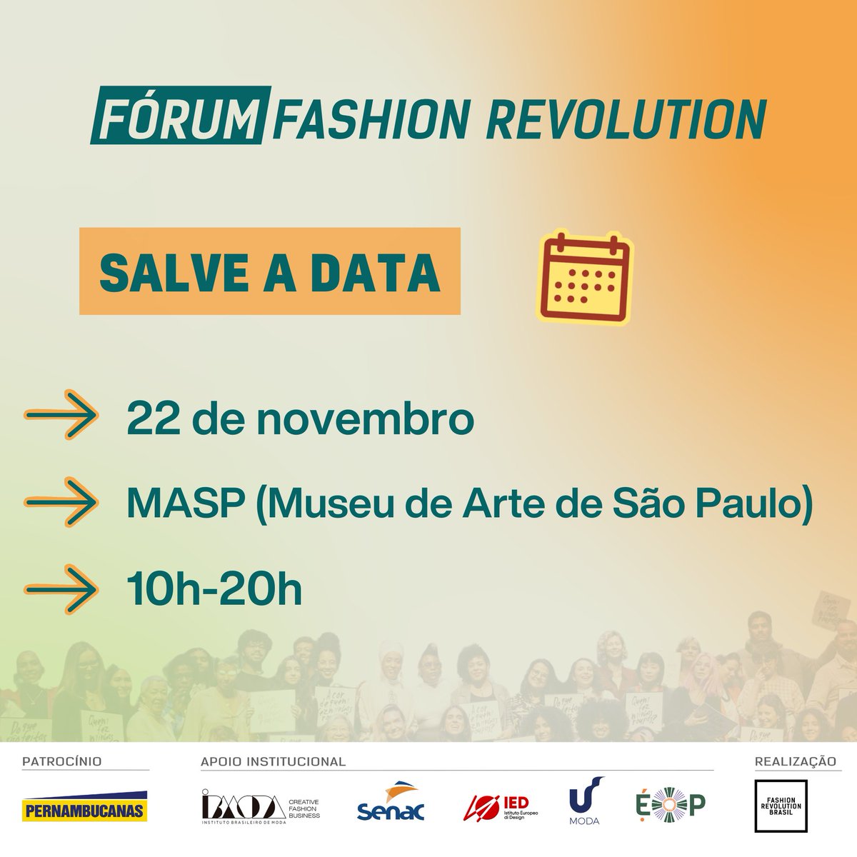 Salve a data! 🌟

No dia 22 de novembro, acontecerá o Fórum Fashion Revolution 2024 no MASP, com painéis, prêmios, apresentações e muuuito networking! 

Não fique de fora!

Inscreva-se: bit.ly/forumfashrev

 #FashionRevolutionBrasil #ForumFashionRevolution