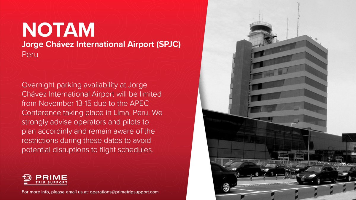 YourPrimeTrip's tweet image. #PrimeNOTAM

Overnight parking in Jorge Chávez International Airport (SPJC) will be limited from November 13-15 due to APEC Conference 2024.

#Peru #SPJC #FlightOperations #APEC