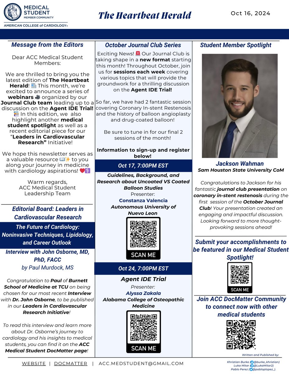 The latest edition of The HeartBeat Herald is out!📰

Tune into the last 2 sessions of our journal club series, read about our  Med Student Spotlight, and connect with us on DocMatter to read the latest interview of our leaders in CV research series! 🩺📜
 #ACCMedStudent #MedEd