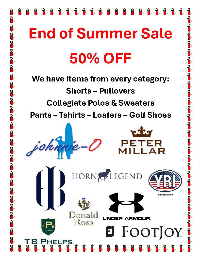 End of Summer Sale!!  Come check out a big selection of items from all of our favorite companies…..50% OFF