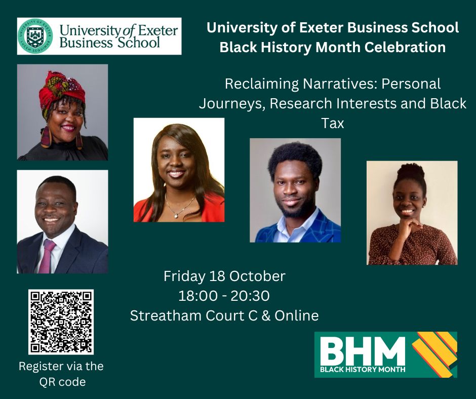 University of Exeter Business School (@uofebusiness) on Twitter photo Join the #BlackHistoryMonthUK celebrations at <a href="/UofEBusiness/">University of Exeter Business School</a> with what's sure to be a fascinating and insightful panel discussion.
📅18 October, 18.00
Register for tickets or join online: eventbrite.co.uk/e/reclaiming-n… Join the #BlackHistoryMonthUK celebrations at <a href="/UofEBusiness/">University of Exeter Business School</a> with what's sure to be a fascinating and insightful panel discussion.
📅18 October, 18.00
Register for tickets or join online: eventbrite.co.uk/e/reclaiming-n…