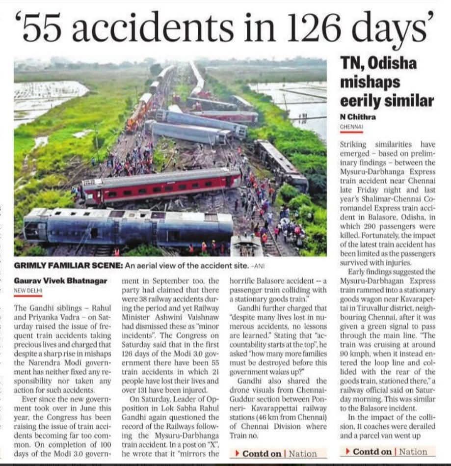 minicnair's tweet photo. 55 train derailments and accidents in 126 days of Modi 3.0 Govt.

No outrage by Media. https://t.co/lZbHYGKjmP