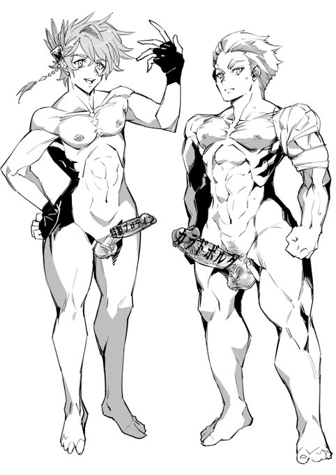 明日から作画に入るのでノロドラ体格差基準図。アンドラスの方が長身で標準ちんちん。ロノウェの方が背が低くてカラドボルグ。 