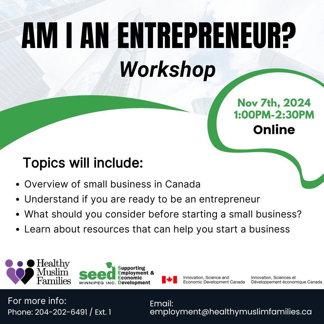 SEED Winnipeg Inc. (@seedwinnipeg) on Twitter photo Am I an entrepreneur? 
Join us to understand if you are ready to be an entrepreneur . What should you consider before starting a small business? Learn about resources that can help you start a business.
Free registration here: smartforms.carmis.ca/hmf/events-reg… Am I an entrepreneur? 
Join us to understand if you are ready to be an entrepreneur . What should you consider before starting a small business? Learn about resources that can help you start a business.
Free registration here: smartforms.carmis.ca/hmf/events-reg…