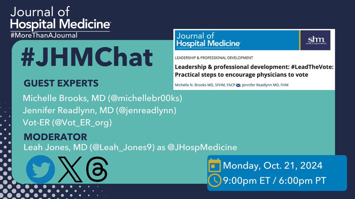 Journal of Hospital Medicine (@jhospmedicine) on Twitter photo 🚨 5 DAYS 'TIL #JHMChat!🚨
📅 10/21/24
⏰ 9 pm ET/6 pm PT
Special guest experts: Authors <a href="/michellebr00ks/">Michelle Brooks, MD, SFHM</a> <a href="/jenreadlynn/">Jen Readlynn, MD, FHM (she/her)</a> and <a href="/Vot_ER_org/">Vot-ER</a>
Article: doi.org/10.1002/jhm.13… 🚨 5 DAYS 'TIL #JHMChat!🚨
📅 10/21/24
⏰ 9 pm ET/6 pm PT
Special guest experts: Authors <a href="/michellebr00ks/">Michelle Brooks, MD, SFHM</a> <a href="/jenreadlynn/">Jen Readlynn, MD, FHM (she/her)</a> and <a href="/Vot_ER_org/">Vot-ER</a>
Article: doi.org/10.1002/jhm.13…