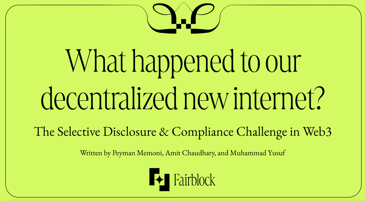 0xfairblock's tweet photo. Today, we spotlight our recently published article written by Fairblock Cofounder, @Pememoni, alongside Cofounder @amitchax of @Labyrinth_HQ and Researcher @yusufxzy of @Delphi_Digital, addressing the lack of onchain confidentiality standards that has hindered blockchain adoption for the past 16 years. 

Within this article, we propose a decentralized compliance framework using threshold encryption for a variety of use cases. One of these use cases could be the allowance for private transactions with the possibility of selective disclosure when necessary.
This system would consist of Revokers and Guardians to monitor suspicious activity and approve de-anonymization requests, respectively, all operating through a combination of onchain and offchain processes.  

Just as confidentiality is a standard across the Internet, equivalent standards across blockchains are imperative for a compliant balance of transparency and selective disclosure. 

This shift is essential for the continued growth and adoption of blockchains.  

You can find the research paper on EthResearch: https://t.co/9w8HZsZixt