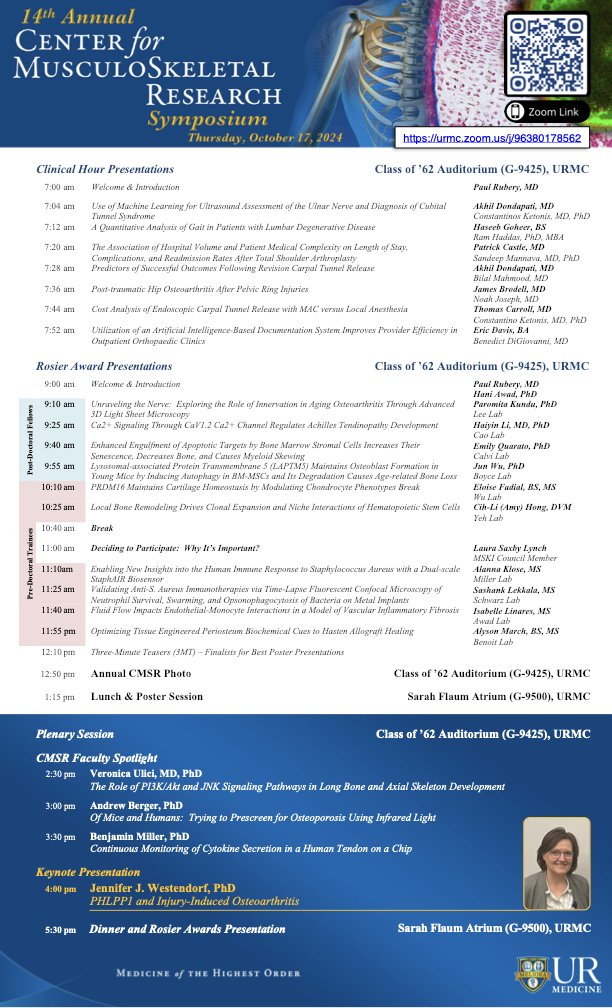 Rochester CMSR (@roc_cmsr) on Twitter photo The CMSR will host its 14th Annual Symposium on Thursday, Oct 17, 2024. This year, we welcome keynote speaker Jennifer Westendorf (<a href="/JWestendorfPhD/">Jen Westendorf</a>), Chair of Biochem & Mol Bio & Professor of Orthopaedics <a href="/MayoClinic/">Mayo Clinic</a>. Join us: urmc.zoom.us/j/96380178562
#URochesterResearch #Meliora The CMSR will host its 14th Annual Symposium on Thursday, Oct 17, 2024. This year, we welcome keynote speaker Jennifer Westendorf (<a href="/JWestendorfPhD/">Jen Westendorf</a>), Chair of Biochem & Mol Bio & Professor of Orthopaedics <a href="/MayoClinic/">Mayo Clinic</a>. Join us: urmc.zoom.us/j/96380178562
#URochesterResearch #Meliora