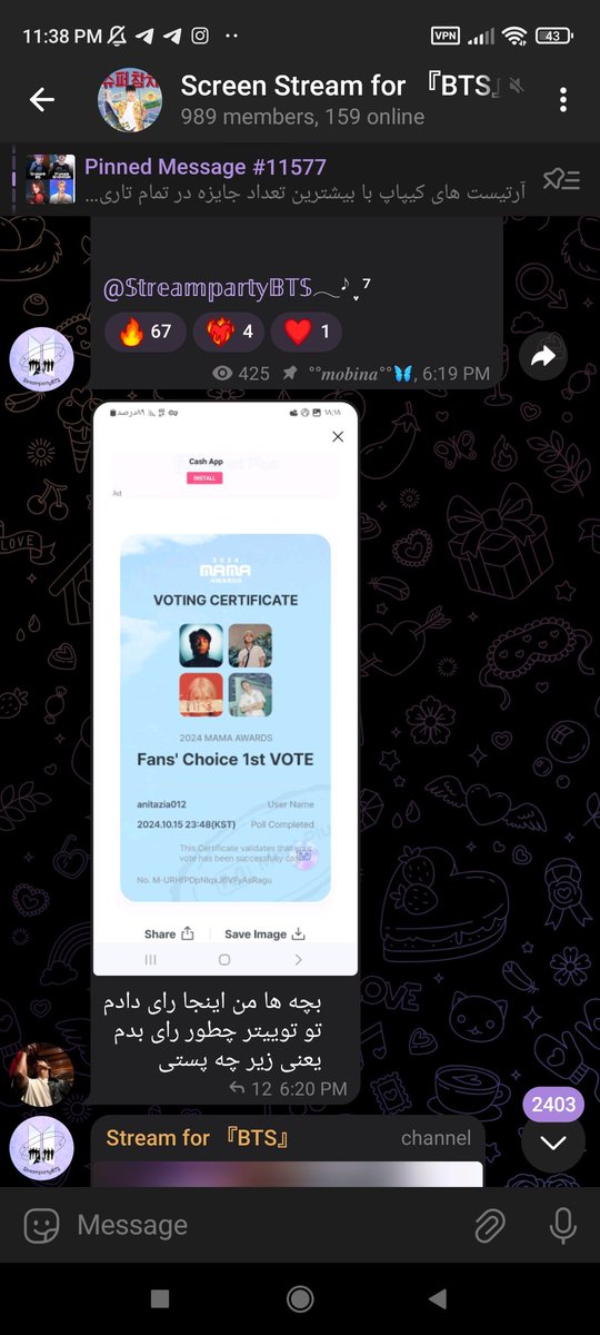 vreporttt's tweet photo. Indian Armys then bangladeshi armys now Iranian armys are not voting for taehyung. This GC have 1k member. All are saying to not vote V. This is so fcking ridiculous....... What tae did to u armys to get this treatment from u all   ? https://t.co/0PRAJB13iv