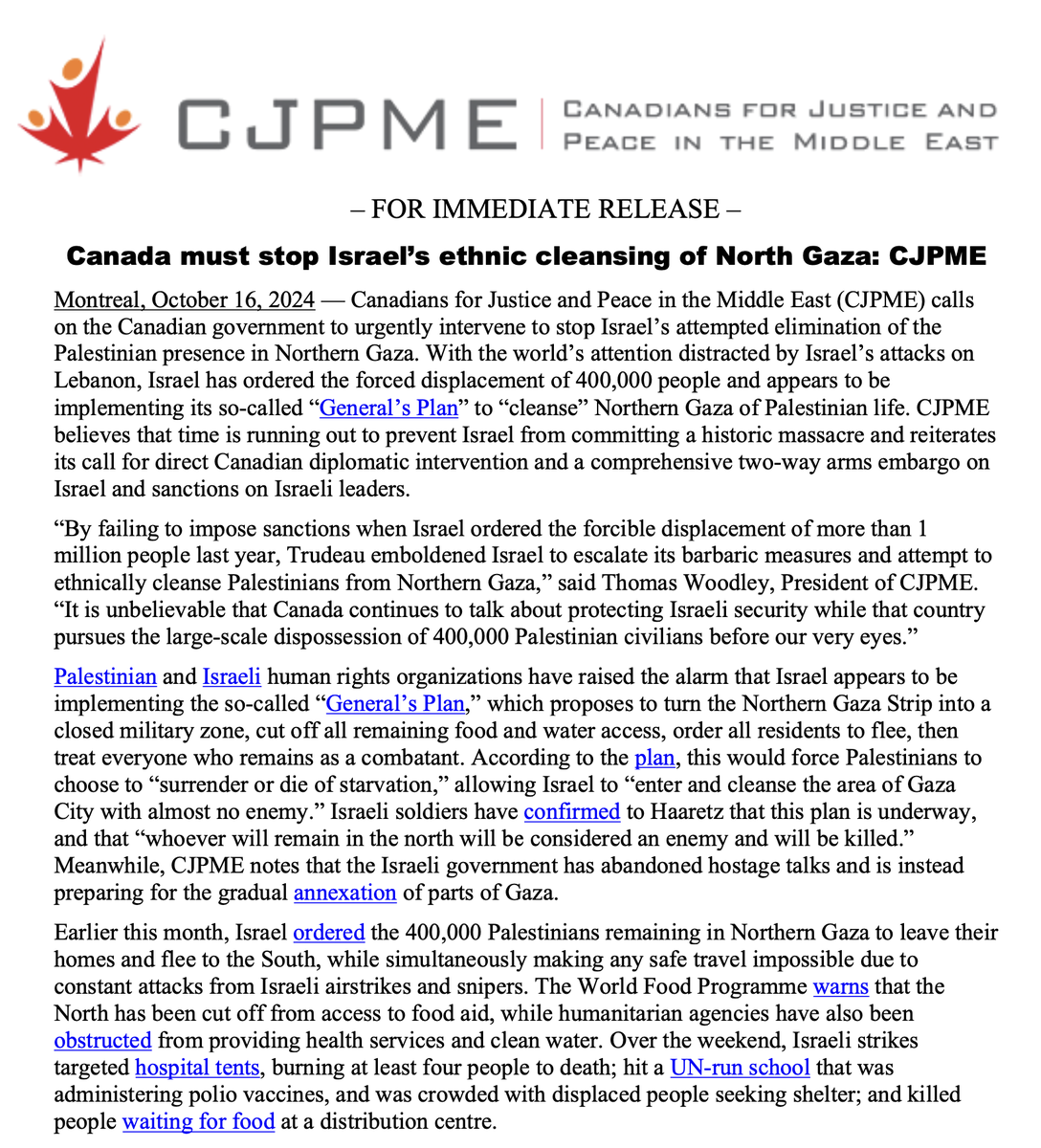 CJPME's tweet photo. We are calling on @JustinTrudeau to stop Israel's ethnic cleansing of North Gaza, where Israel has ordered the forced displacement of 400,000 people and appears to be implementing its so-called “General’s Plan” to “cleanse” the area of Palestinian life. https://t.co/Sn2giTcaPq https://t.co/kaVtuM9lLM