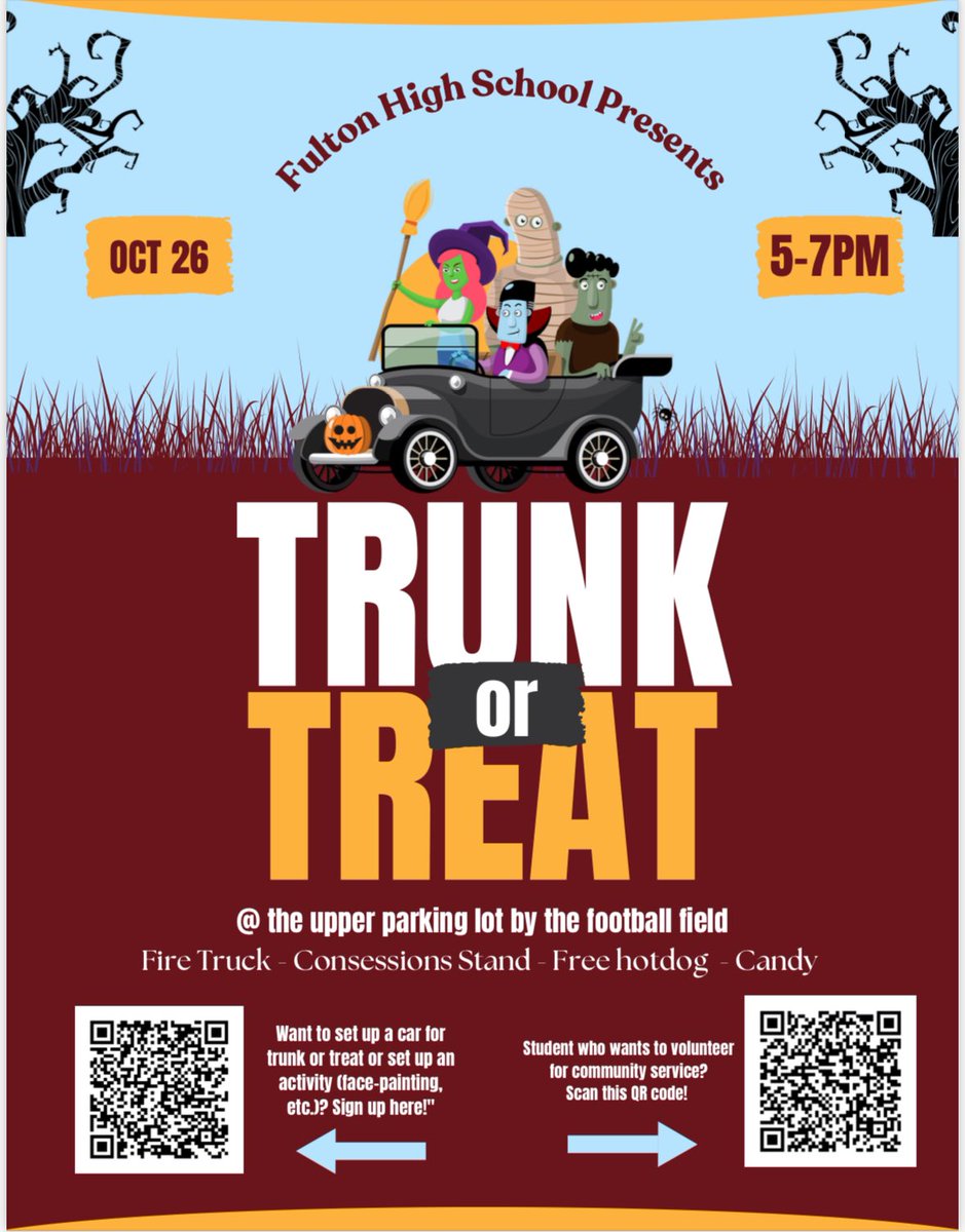 Make plans to join us for our annual Trunk or Treat on Saturday, October 26th from 5-7pm! If you’re interested in decorating a car or volunteering for community service hours, then scan the QR code. We cannot wait to see everyone dressed up for our favorite community event 🎃👻