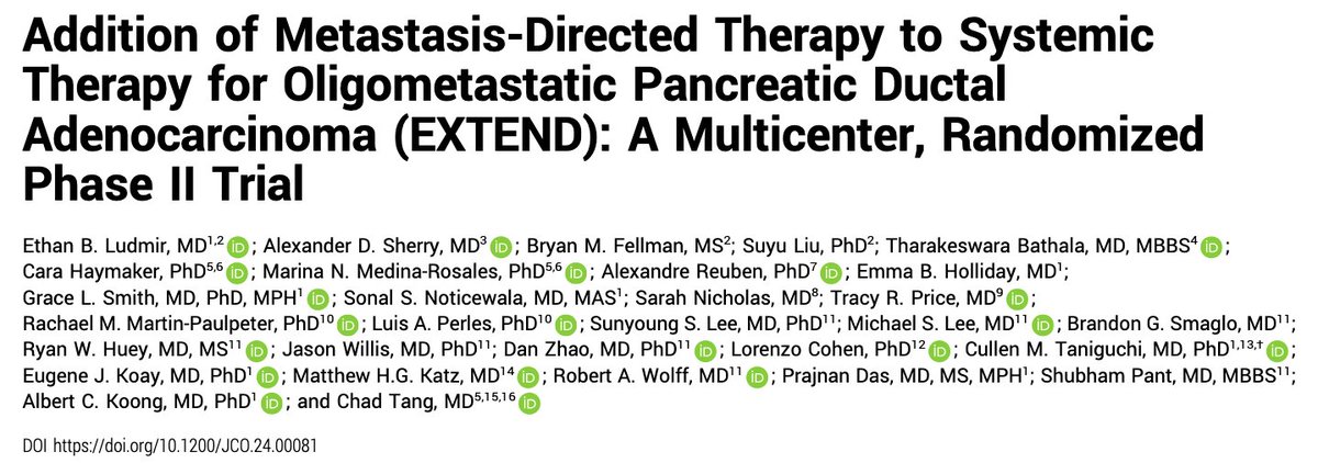 jryckman3's tweet image. Excellent work by @ebludmir et al

Metastasis-directed therapy (MDT) for oligometastatic pancreatic cancer shows 📈 PFS &amp;amp; buys time before next-line systemic treatment for over 18 mos before needing a switch.
 
A very #medonc &amp;amp; #surgonc-friendly trial! Great job! #radonc #PancSM