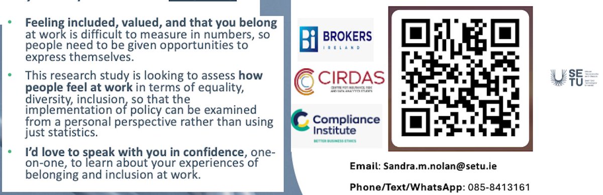 Sandra Nolan (@sandradnolan) on Twitter photo Employees of the Irish insurance sector, what are your experiences of #DEI policy? Is policy impacting your everyday working lives? Get in touch in confidence - see my contact details below, or scan the QR code below to complete an anonymous survey 📲💻 <a href="/SETU_Research/">SETU_Research, Innovation and Impact</a> <a href="/EDI_SETU/">EDI SETU</a> Employees of the Irish insurance sector, what are your experiences of #DEI policy? Is policy impacting your everyday working lives? Get in touch in confidence - see my contact details below, or scan the QR code below to complete an anonymous survey 📲💻 <a href="/SETU_Research/">SETU_Research, Innovation and Impact</a> <a href="/EDI_SETU/">EDI SETU</a>