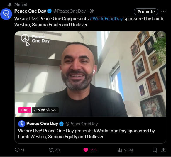 ETHICLY on a mission to achieve 1.5m video views for <a href="/PeaceOneDay/">Peace One Day</a> #worldfoodday live event - half way through and 774k views achieved!

An amazing lineup and definitely worth watching - tune in now on Peace one day's profile 😀😃

x.com/PeaceOneDay