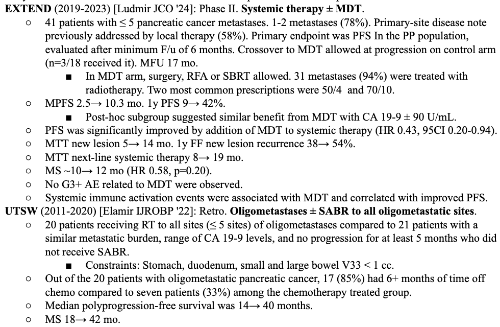 jryckman3's tweet image. Excellent work by @ebludmir et al

Metastasis-directed therapy (MDT) for oligometastatic pancreatic cancer shows 📈 PFS &amp;amp; buys time before next-line systemic treatment for over 18 mos before needing a switch.
 
A very #medonc &amp;amp; #surgonc-friendly trial! Great job! #radonc #PancSM