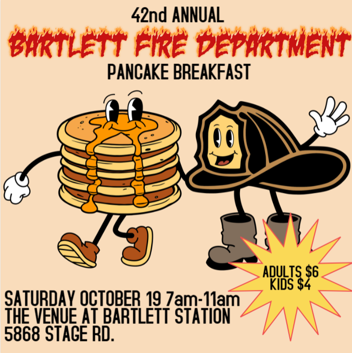 BartlettTNGov's tweet photo. Join the BFD at the 42nd annual Bartlett Fire Department Pancake Breakfast this Saturday Oct 19 7a-11a! Tickets are just $6 for adults and $4 for kids. Proceeds benefit the Dream Factory of Memphis and provide food baskets for families in need. https://t.co/DzhyKumqpW