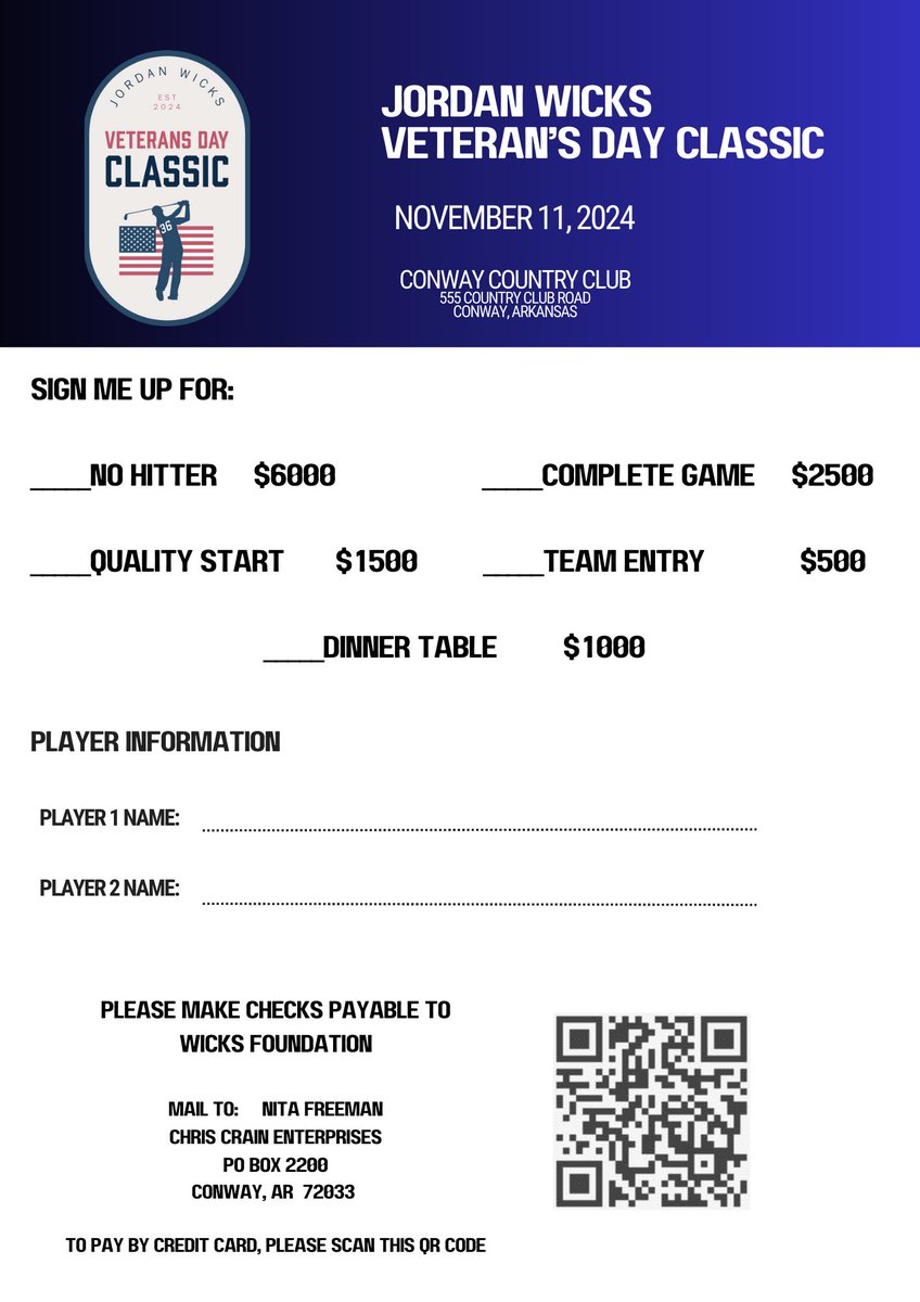 Come join us for the Jordan Wicks Veteran’s Day Classic!!  Proceeds from this event will go to The Wicks Foundation for Veterans who give support to the brave men and women who have fought for our country.  You can either scan the QR code or sign up here:

tracer.cocard.app/KT8WMPTMTMG6/p…
