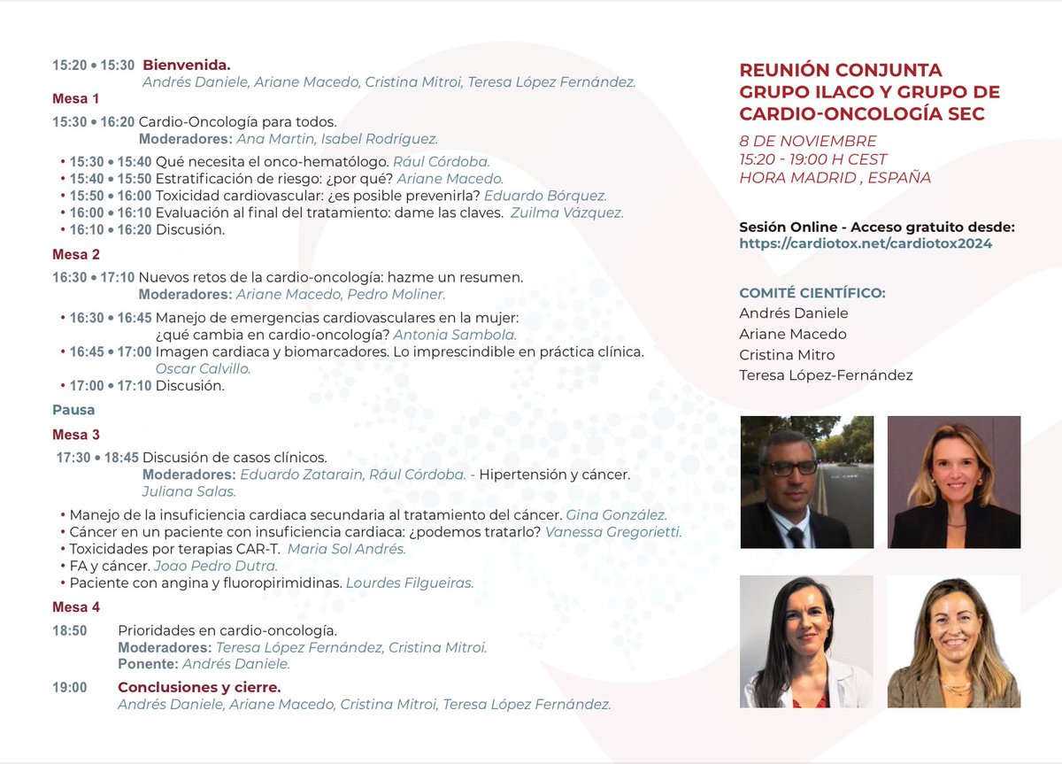 Reunión conjunta grupo ILACO y grupo de Cardio-Oncología SEC 

📍8 noviembre 2024 
🤓 A continuación de #CardioTox24 

👉🏻Cardiooncologia para todos
👉🏻Nuevos retos
👉🏻Casos clínicos
👉🏻sesión online acceso gratuito 

‼️ No te lo pierdas ‼️

<a href="/md_arianemacedo/">Ariane V. Scarlatelli Macedo</a>