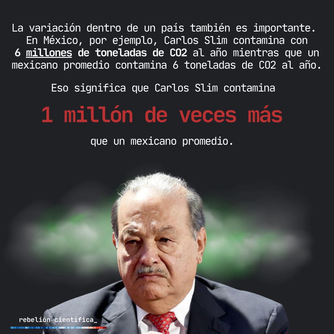 RebelionC_mex's tweet photo. Pero dentro de los países, la élite más rica es la que más contamina.
Carlos Slim contamina 1 millón de veces más que un mexicano promedio.
Y EE.UU. y Europa han contribuido con más del 50% de las emisiones globales históricas. https://t.co/XXJmJxtOqs