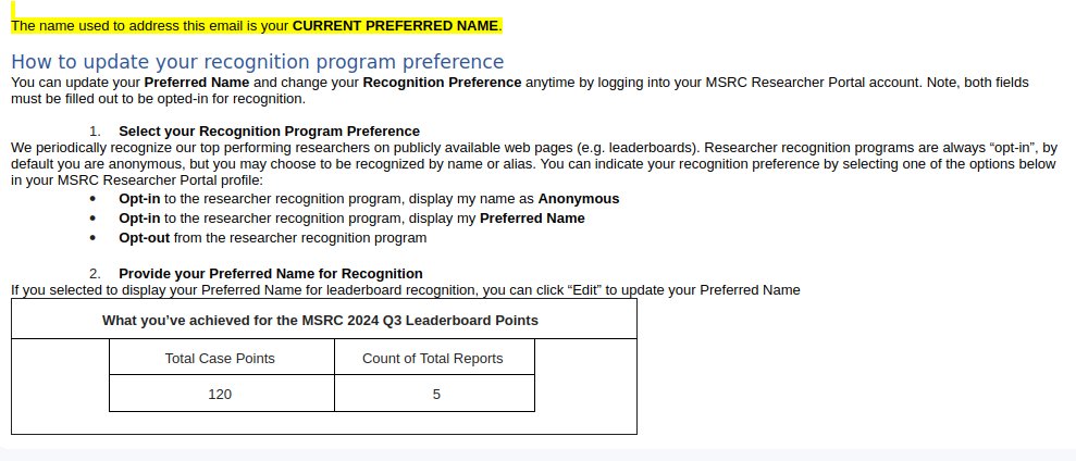 Happy to be part of #Microsoft  MSRC’s 2024 Q3 leaderboard!

#bugbounty #ethicalhacking #infosec #cybersec #cybersecurity #informationsecurity