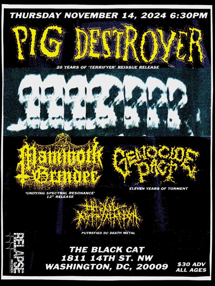 VERY EXCITED TO ANNOUNCE THAT WE’LL BE CELEBRATING 20 YEARS OF PIG DESTROYER’S “TERRIFYER” AND THE RELEASE OF THE NEW MAMMOTH GRINDER EP IN OUR HOMETOWN OF WASHINGTON DC ON NOVEMBER 14TH AT THE LEGENDARY <a href="/BlackCatDC/">Black Cat</a> 🔥

TICKETS: etix.com/ticket/p/89470…