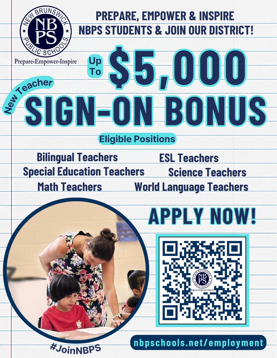 NBPS_HR's tweet photo. We offer a Sign-On Bonus to eligible candidates who 
#JoinNBPS! See below for more details and apply today! https://t.co/dKYawWNXKM #WeareHiring #Educatorswanted #WeareNB https://t.co/pMmqSihdvQ