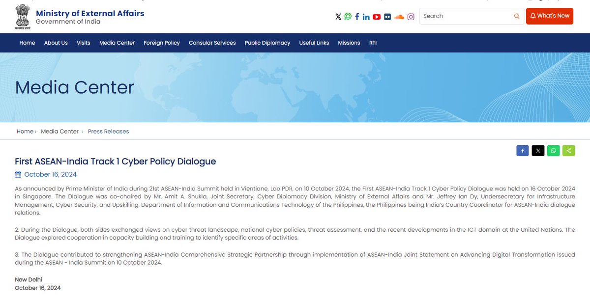 The First ASEAN-India Track 1 Cyber Policy Dialogue was held on 16 October 2024 in Singapore. During the Dialogue, both sides exchanged views on cyber threat landscape, national cyber policies, threat assessment, and the recent developments in the ICT domain at the United
