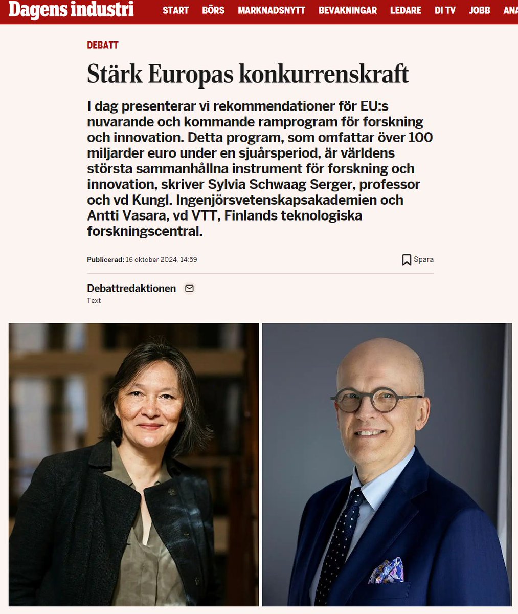 IVA1919's tweet image. IVAs professor och vd Sylvia Schwaag Serger tillsammans och Antti Vasara, vd VTT, Finlands teknologiska forskningscentral på Dagens industri debatt.
di.se/debatt/stark-e…