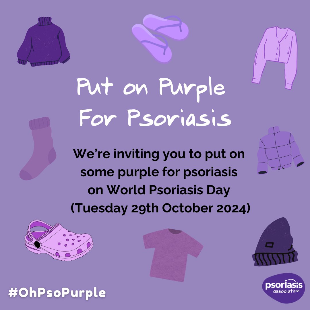 PsoriasisUK's tweet photo. We can't wait to see you all wearing purple on World Psoriasis Day 💜

Take pics and share them with us by tagging us @psoriasisuk, using the hashtag #OhPsoPurple or emailing us on mail@psoriasis-association.org.uk.

#OhPsoPurple #PAW24 #PsoCommunity https://t.co/zrzAxDDpgb
