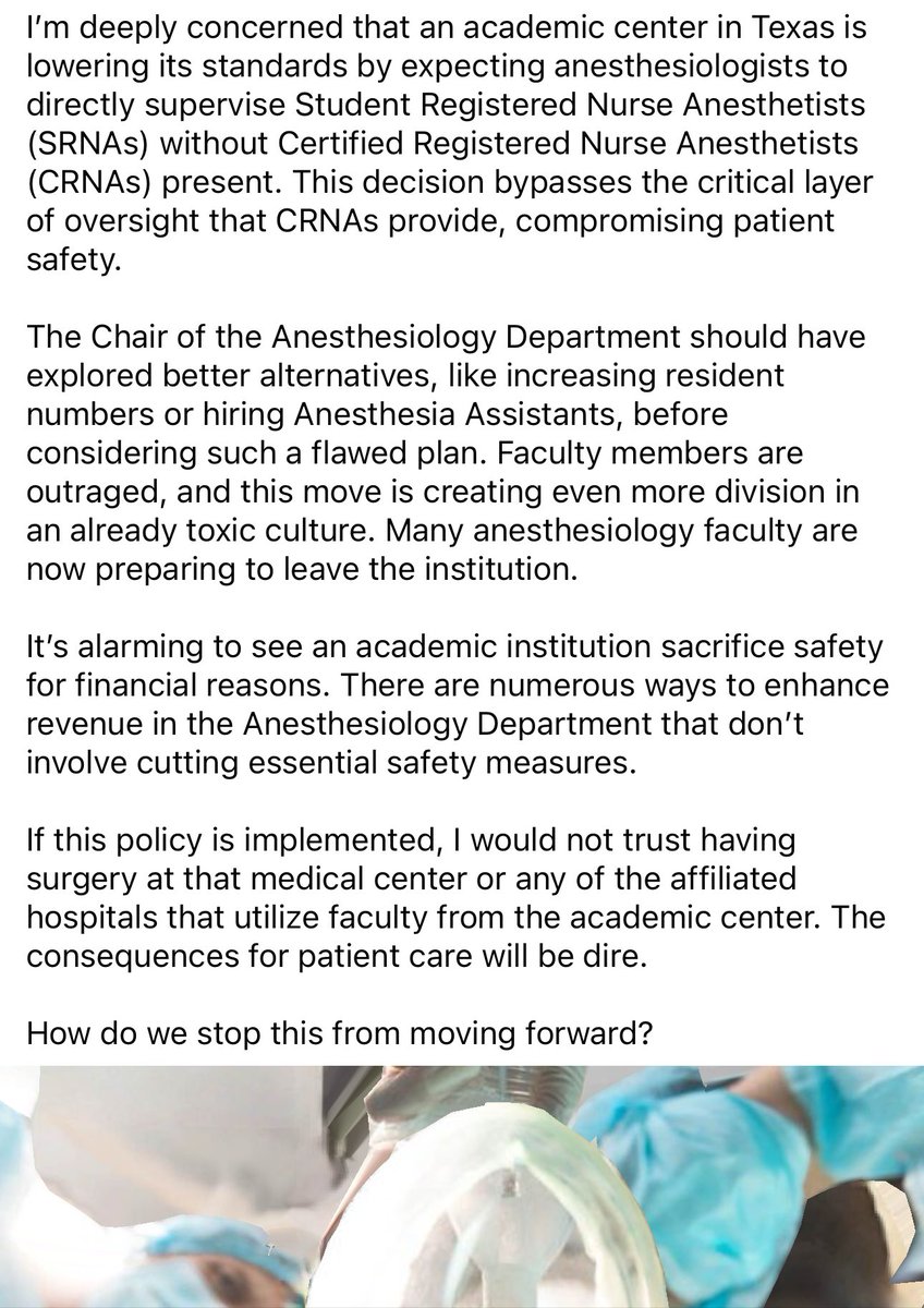 .<a href="/UTSWMedCenter/">UT Southwestern Medical Center</a> mandates anesthesiologists supervise and train student nurse anesthetists

<a href="/texmed/">Texas Medical Association</a> <a href="/txp4p/">TX400/Texas Physicians for Patients</a> <a href="/TomOliverson/">Tom Oliverson, M.D.</a> <a href="/ZachJonesForTX/">Zach Jones MD</a> 

#MedTwitter
#StopScopeCreep
#NPsLead?