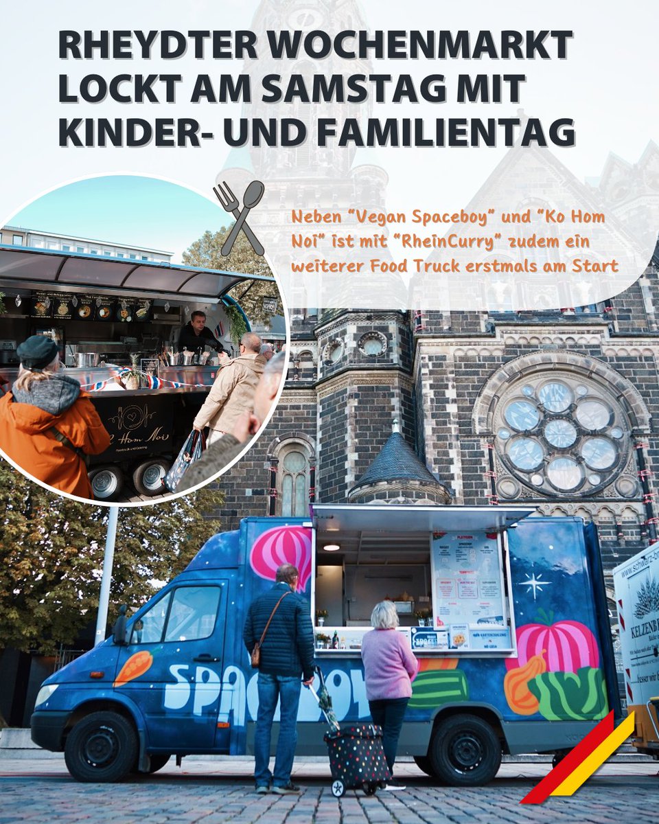 Kinder- &amp; Familientag auf dem Rheydter Wochenmarkt! 🎉
Diesen Samstag, 19. Oktober, von 8 bis 14 Uhr: Spaß für die Kleinen mit Clown Pepe 🤡, rockige Musik 🎸 und viele Food Trucks 🍔🍟. Neu dabei: „RheinCurry“! Kommt vorbei – ein Fest für die ganze Familie! 👨‍👩‍👧‍👦✨