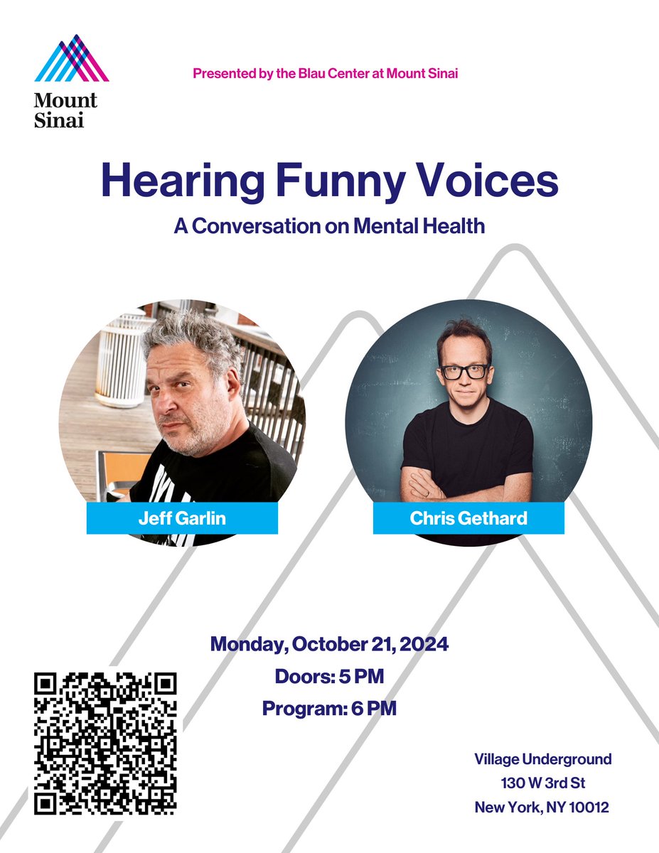 mountsinaicbipm's tweet photo. Join us for an evening of laughter &amp; connection w/ @GarlinInfo &amp; @ChrisGethard at Hearing Funny Voices: A Conversation on Mental Health, a special comedy event dedicated to mental health awareness! 

10/21 at 6PM

RSVP @ https://t.co/ogmC0rnePW

@VUndergroundNYC @ComedyCellarUSA https://t.co/DbYfSfKJ9b