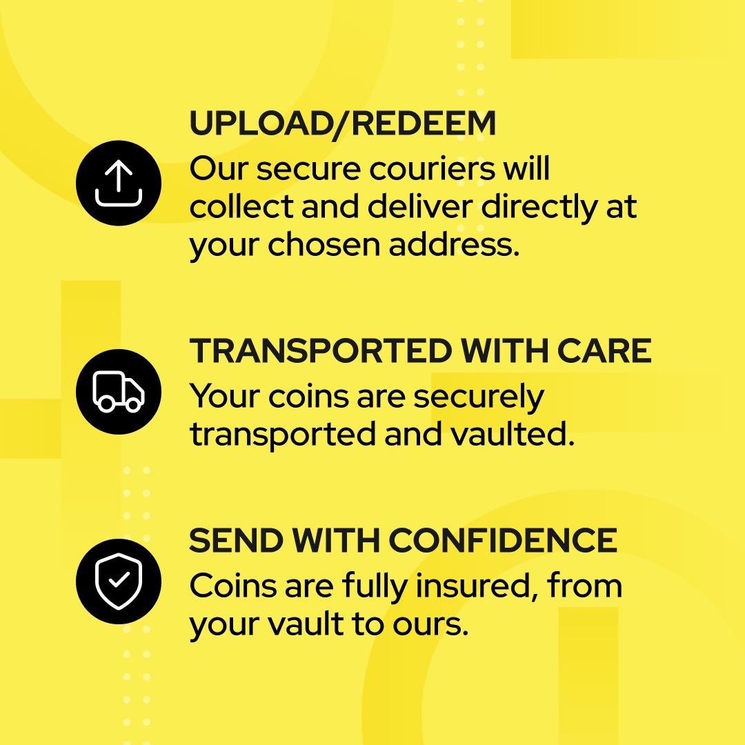 Our nationwide delivery service lets you convert your coins to cash in just a few taps.

Upload or redeem your coins effortlessly — directly from your vault to ours. 

Rest easy knowing your coins are fully insured and securely transported to our vaults.