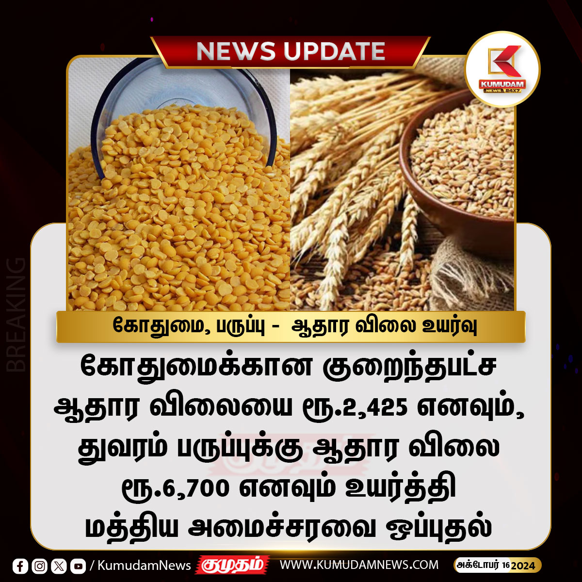 kumudamNews24x7's tweet photo. கோதுமை, பருப்பு - ஆதார விலை உயர்வு
#Kumudamnews24x7 | #Kumudam | #Kumudamnews | #wheat | #dhal | #marketprice #MarketUpdates | #centralgovt | #Cabinet | https://t.co/GXHKq7Pn4b