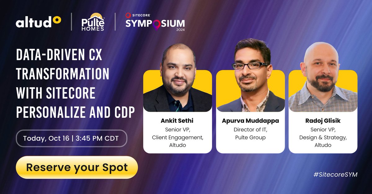 GoAltudo's tweet image. Get ready for our Sponsor Breakout Session today! 💥 Join us at 3:45 PM CDT to hear how Pulte Group boosted website performance with #SitecorePersonalize and #CDP. 

#SitecoreSYM #Personalization #AltudoExperience