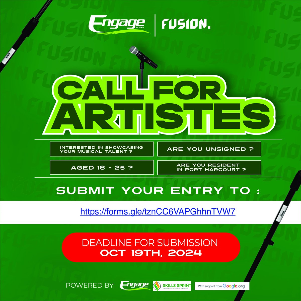 CIIFAfrica's tweet photo. 📢 OPEN CALL FOR ARTISTES 📢

FUSION are in search for emerging artistes that are seeking to take their career to the next level.

Artiste must be:
- unsigned 
- based in Rivers 
- between ages 18 - 25 

Applications are now open! Apply here:
https://t.co/v9z55R27Wi https://t.co/P7RB0yxzPB